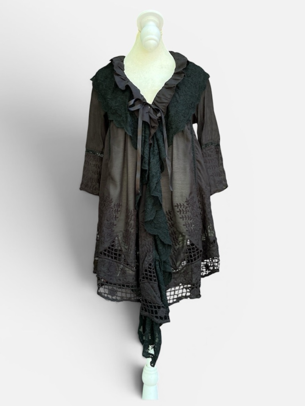 Urban Mango Black Whimsigoth Lace Cardigan - Ruffle Tie-Front Tunic Top